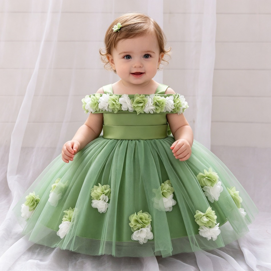 Baby Clothing Dresser - 新しい女の赤ちゃんの 1st プリンセスドレス幼児立体フラワーワンワードショルダーメッシュドレス女の赤ちゃんパフォーマンスドレス ASQ03