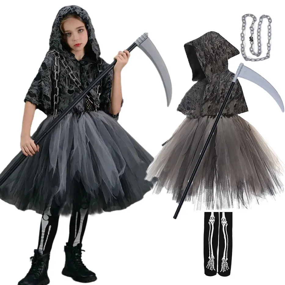 Baby Tutu Skirt - 子供用ハロウィンコスプレ怖い死神コスチューム女の子用チュチュドレス+マント+鎌フルセット2-12歳衣装