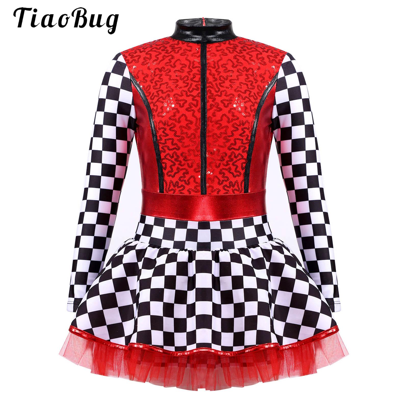 Baby Tutu Skirt - 女の子市松レーサードライバーコスプレドレス長袖スパンコールチュチュレオタードドレス子供のためのハロウィンカーニバルパーティーロールプレイ