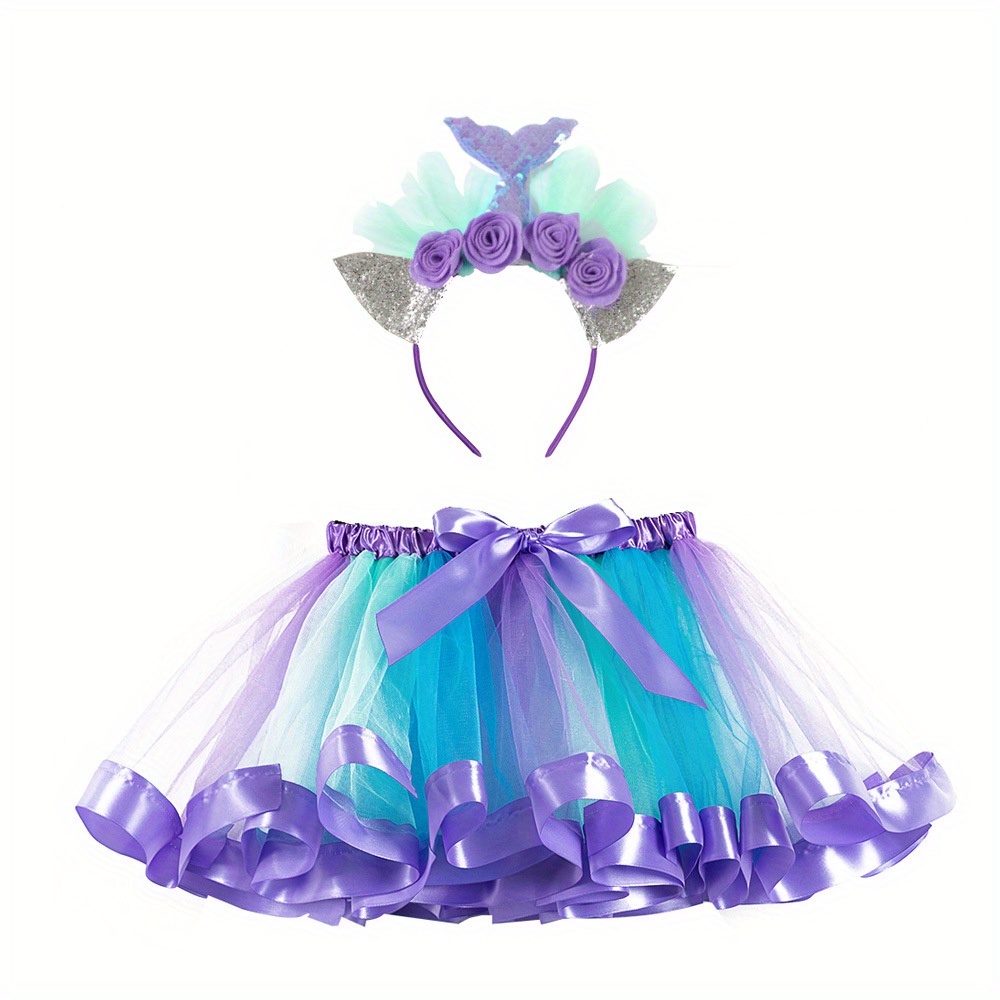 Baby Tutu Skirt - 女の子用マーメイドヘアバンド メッシュチュチュスカート 2点セット スカート丈30cm 裏地付き ダンスリサイタルやパーティーに最適