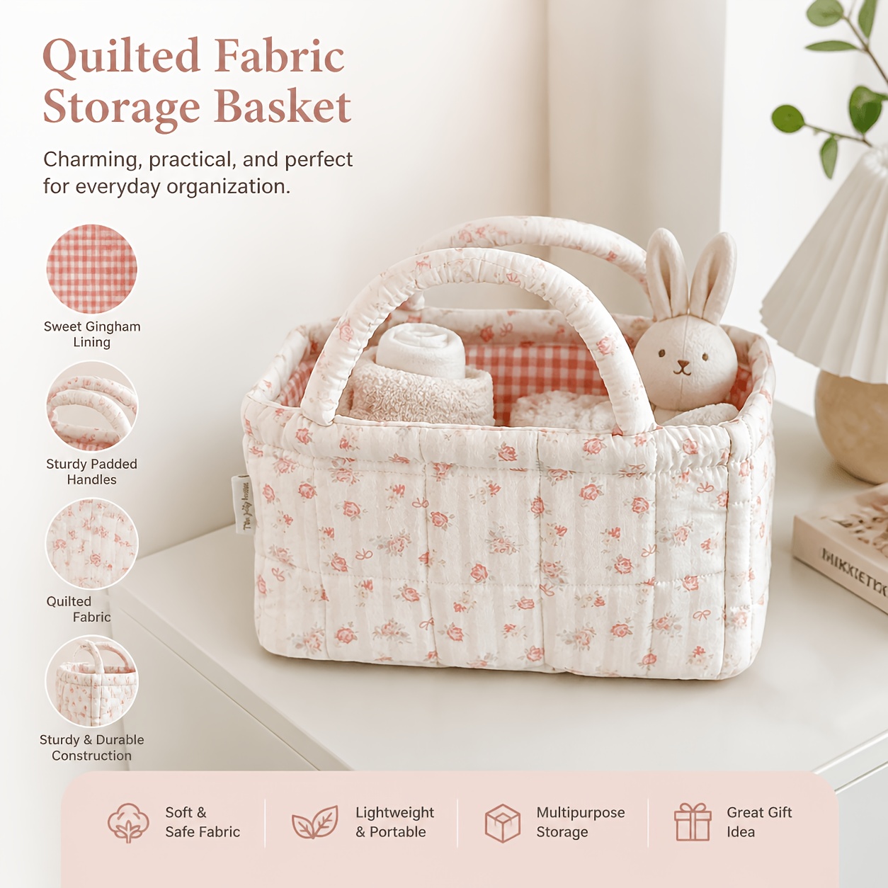 Baby Clothing Basket - 花柄キルティング収納バスケット ポータブルハンドヘルドコスメティックオーガナイザービン 大容量スキンケアホルダー バスルームバニティデスク用
