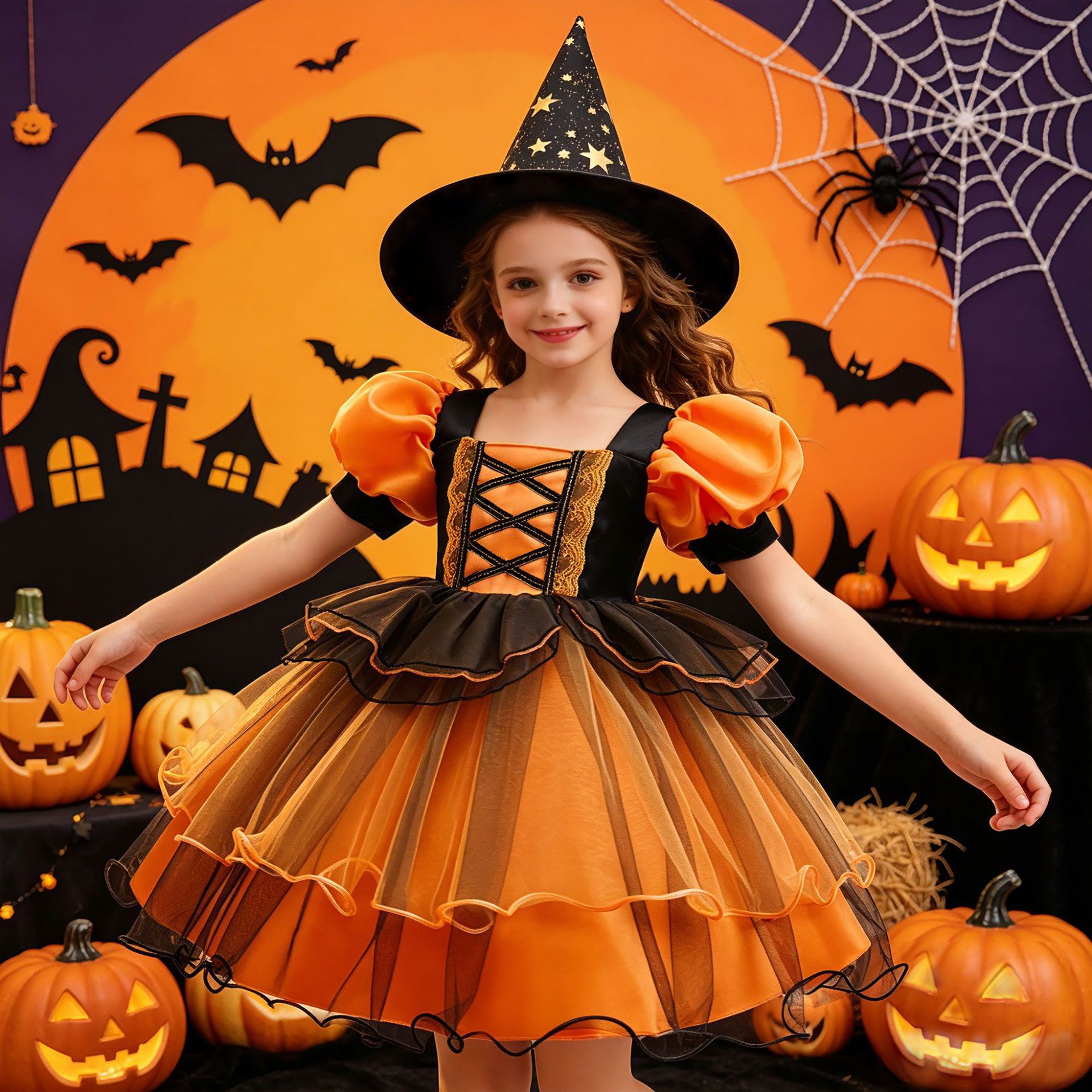 Baby Tutu Skirt - 女の子ハロウィン魔女衣装パフスリーブオレンジ黒レイヤーチュールチュチュドレス子供カボチャコスプレ衣装魔女ヘッドバンド付き Pu