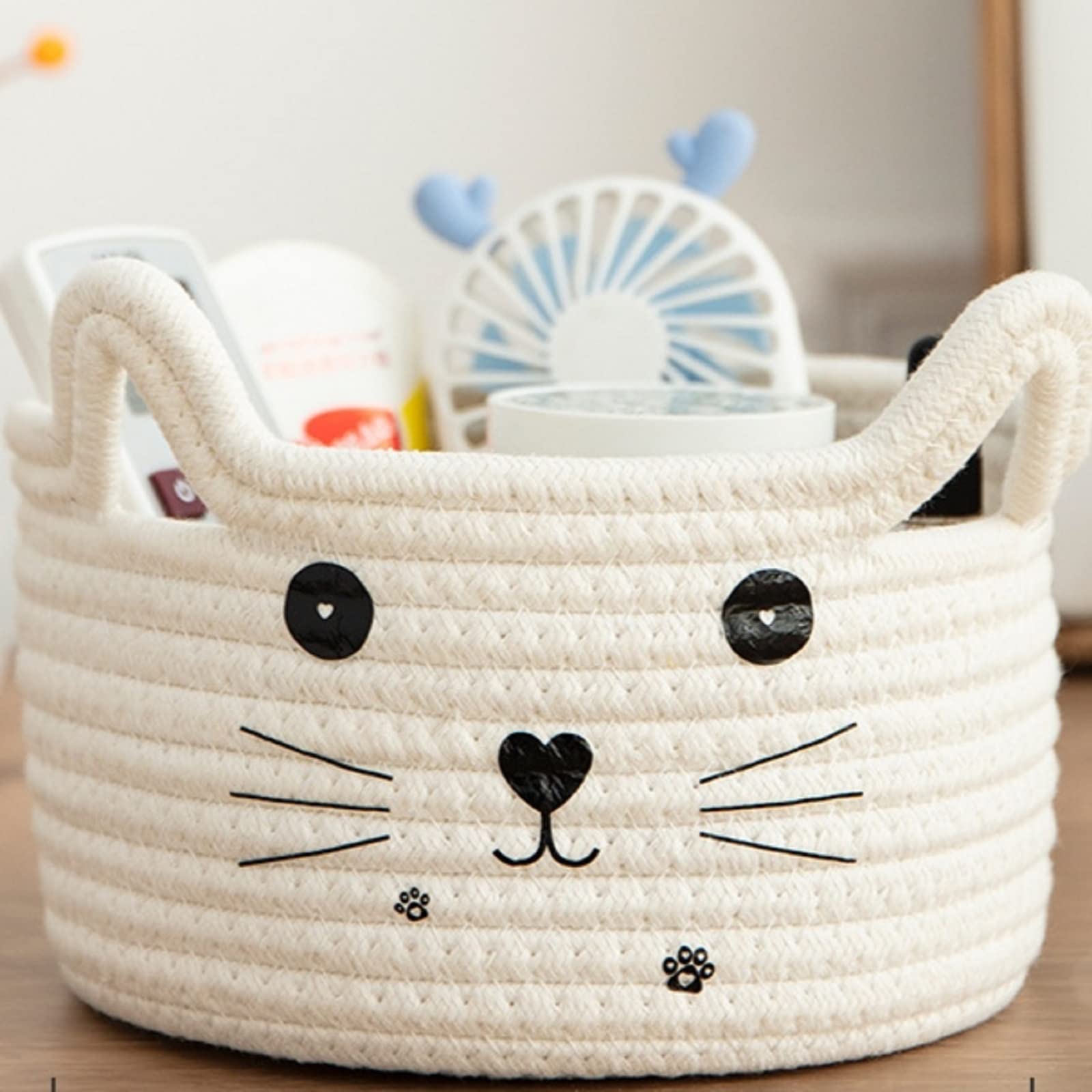 Baby Clothing Basket - 猫バスケット収納織バスケットオーガナイザー耳付き装飾ペットおもちゃかわいいバスケット綿ロープバスケットギフト猫犬おもちゃ箱