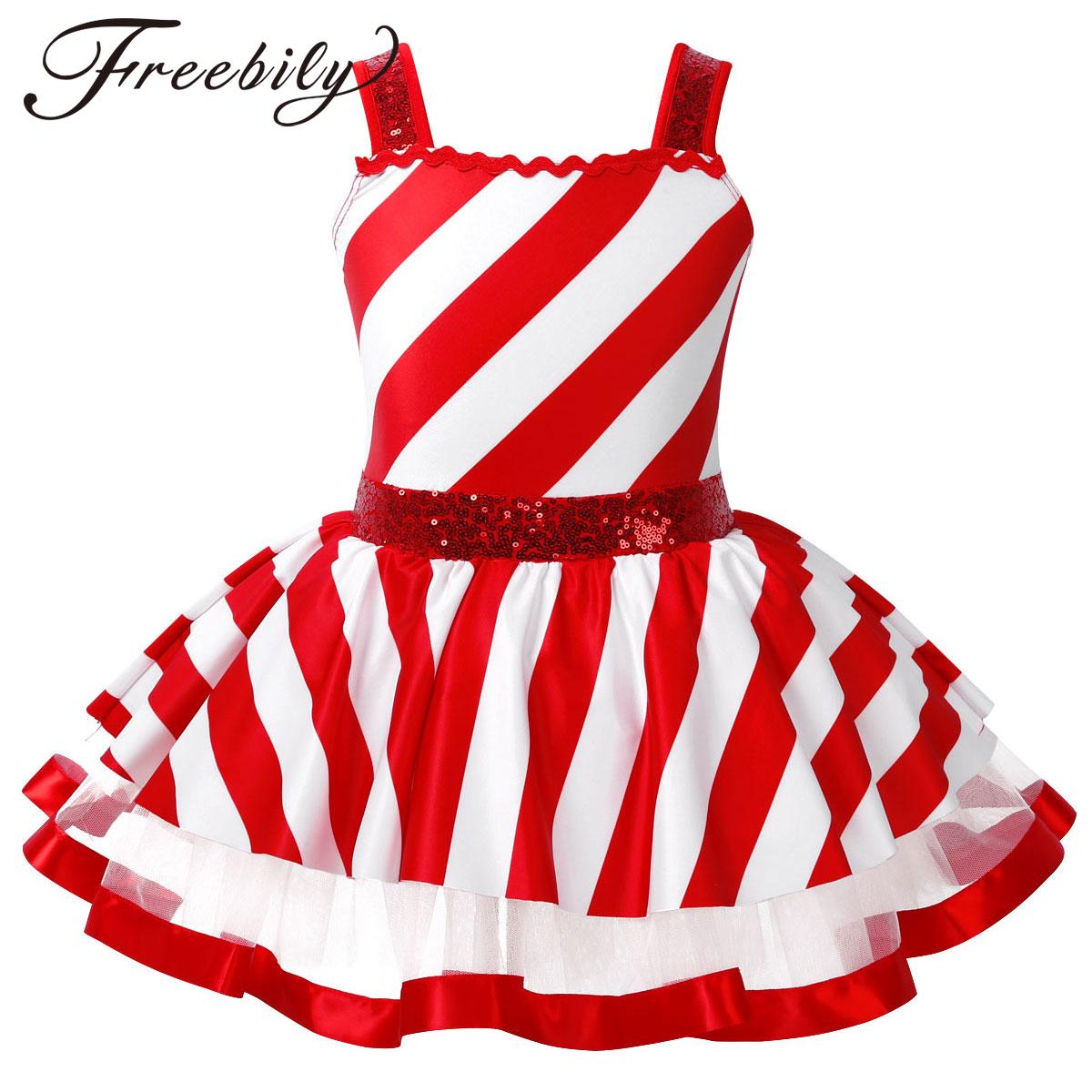 Baby Tutu Skirt - 女の子のクリスマスキャンディケインコスチューム光沢のあるスパンコールストライプメッシュスケートバレエダンスドレスレオタードチュチュカーニバルサーカスパーティー用