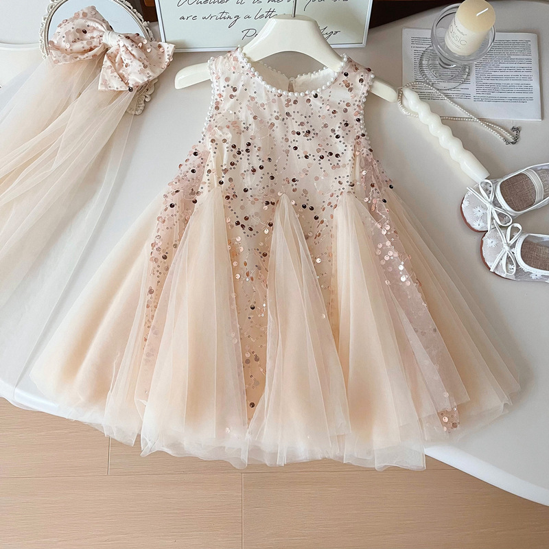 夏の新しい女の赤ちゃんパールメッシュノースリーブドレス子供女 - Baby Clothing Dresser のレビューと価格