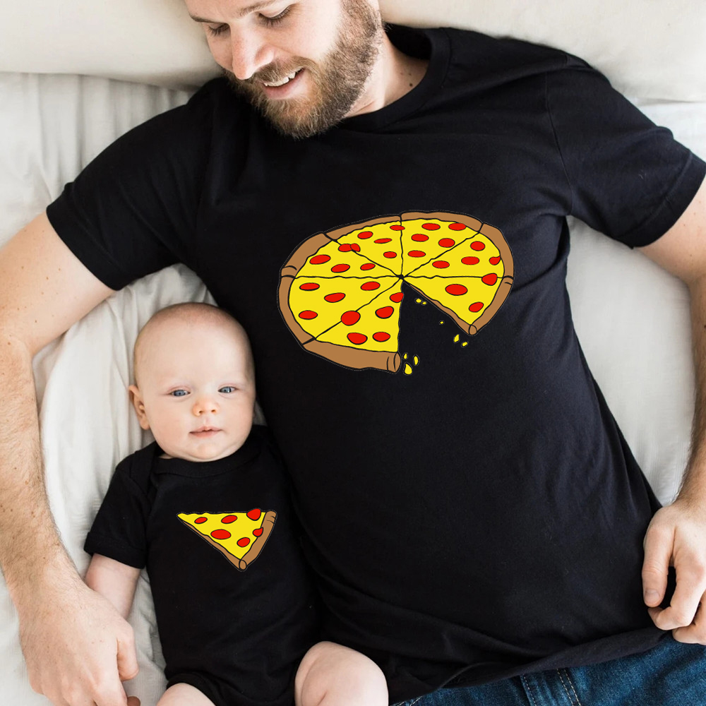 面白いピザプリント父母子供用Tシャツベビーボディスーツ綿夏家 - Baby Clothing Crochet のレビューと価格